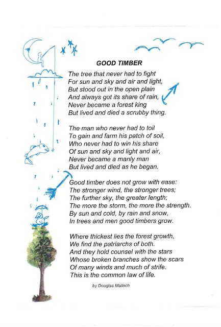 a poem written in blue ink on white paper with an image of a tree and clouds