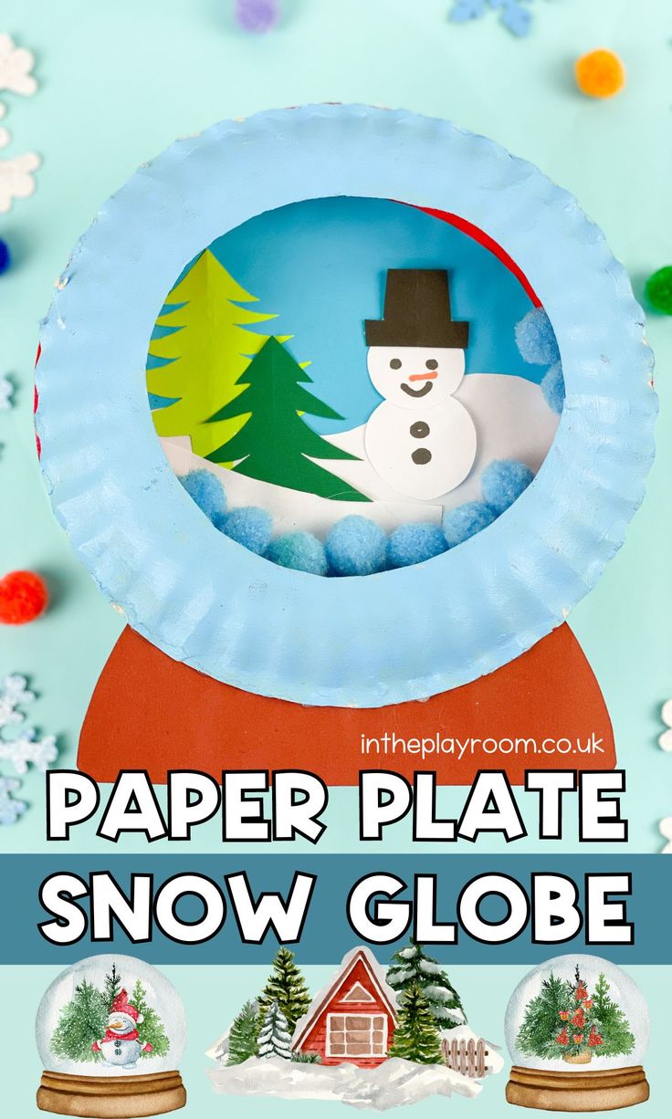 a paper plate snow globe with a snowman in the center and trees on it