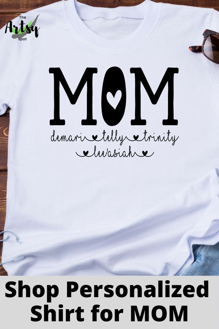 Super cute, unisex shirt with the word, "Mom" and kid's names below with adorable hearts. Great t-shirt for a Mom birthday gift, Mother's Day shirt, or a New Mom gift. This personalized Mother's Day gift is perfect. Mom will love this personalized shirt with kid's names under. Custom Name Cotton T-shirt As Gift, White Short Sleeve T-shirt With Custom Name, Cute White T-shirt With Custom Name, Family Matching Custom Name T-shirt As A Gift, Family Matching T-shirt With Custom Name As Gift, Personalized Cotton T-shirt With Letter Print, Family Matching Custom Name Cotton T-shirt, Custom Name Cotton T-shirt For Family Matching, Custom Name T-shirt For Family Matching Gift