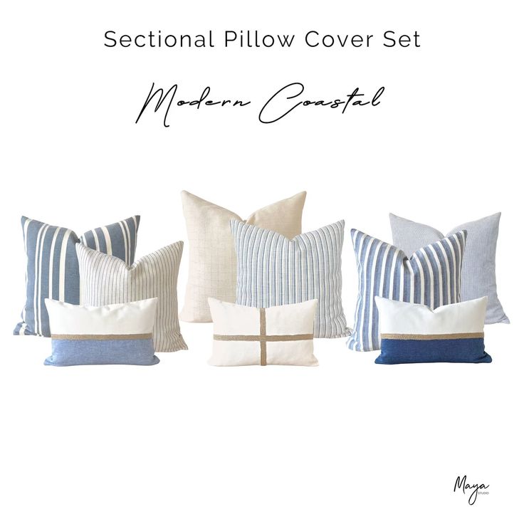 four pillows with blue and white stripes on them