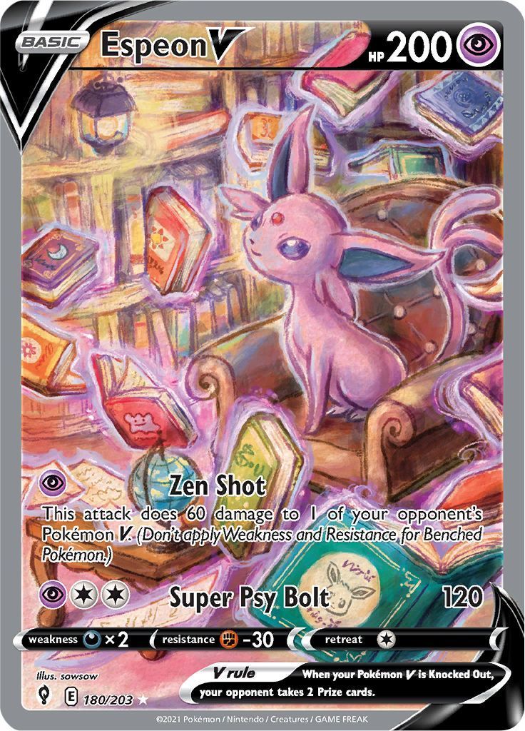 a pokemon card with an image of a pink rabbit sitting on a chair in front of books