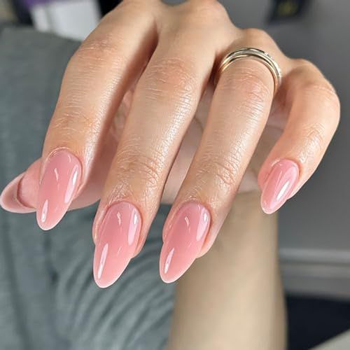 Basic Natural Nails, Elegant Pink Nails Classy, Soft Girl Nail Ideas, Ganpati Nails, Natural Pink Almond Nails, Almond Pink Nails Design, Pink Nude Almond Nails, Peach Nude Nails, Nude Pink Almond Nails