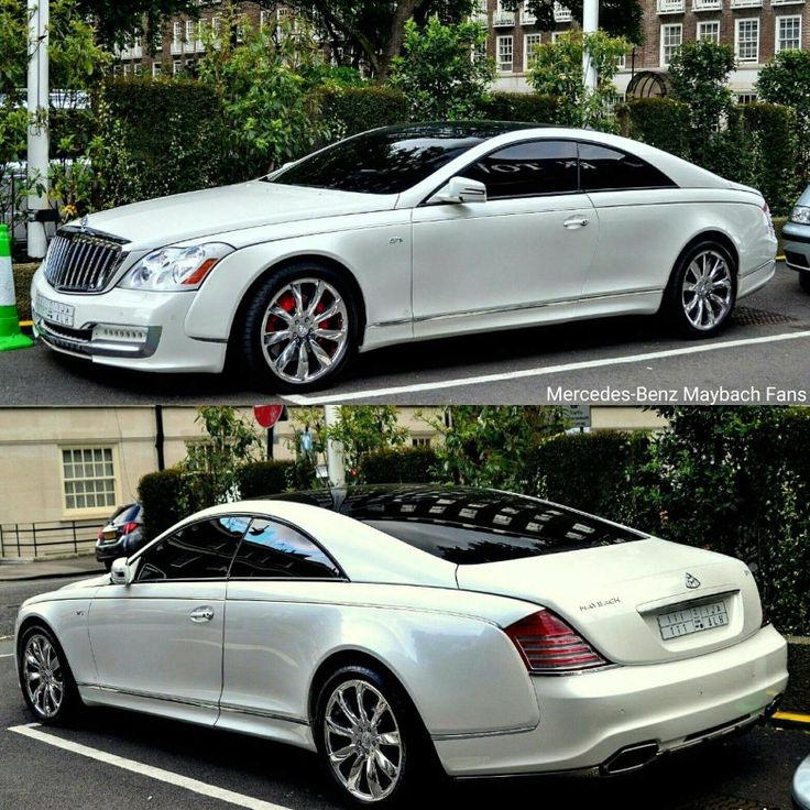 two pictures of a white car parked in front of a building