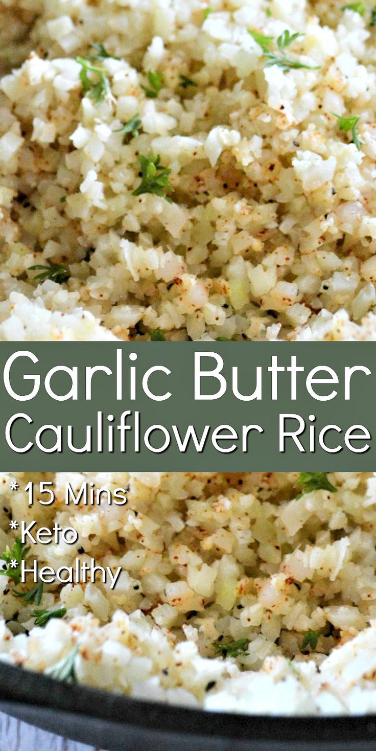 garlic butter cauliflower rice in a skillet with the title text overlay