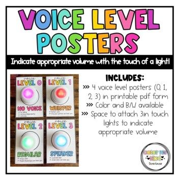 three posters with the words, voice level posters and an image of a light bulb