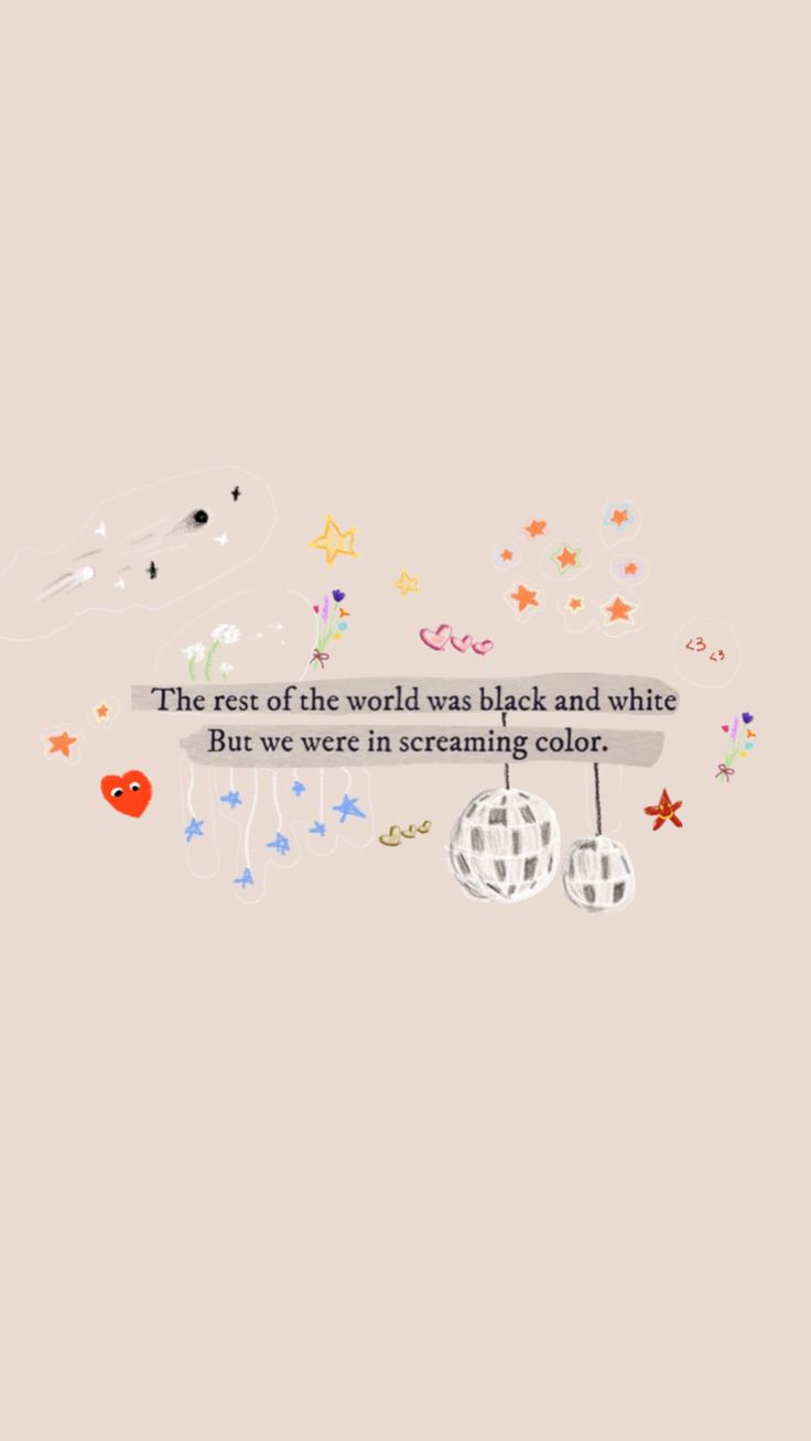 the words are written in black and white on a beige background with colorful stars, hearts, and other objects