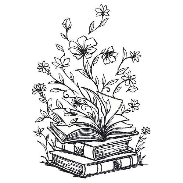 an open book with flowers and leaves coming out of it, sitting on top of a pile of books