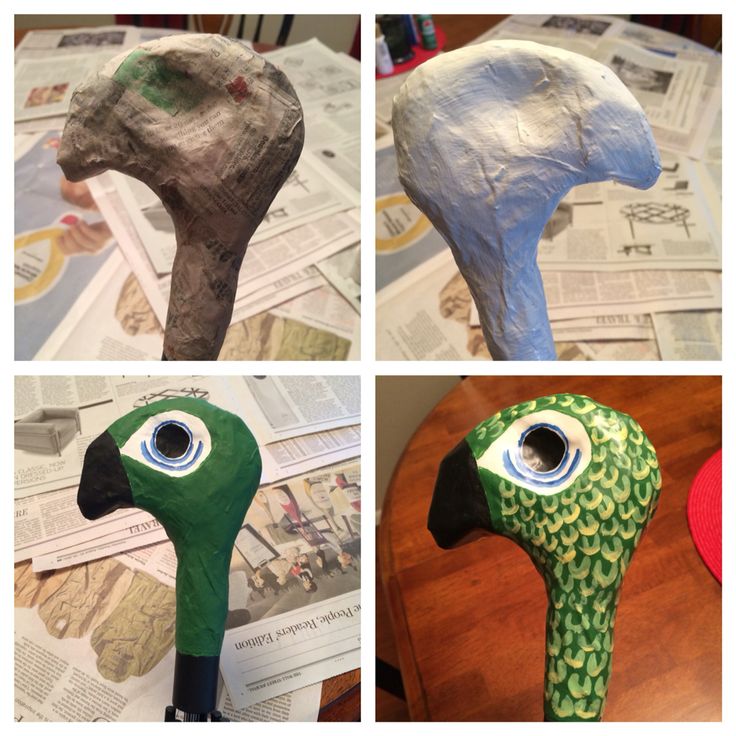 four pictures of different types of paper machs with eyeballs on their heads and beaks