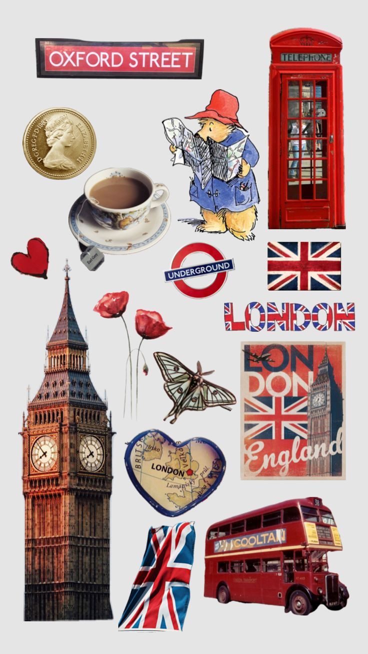 an image of london collage with british symbols