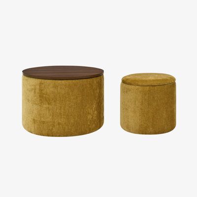 two round stools with wooden top in yellow velvet