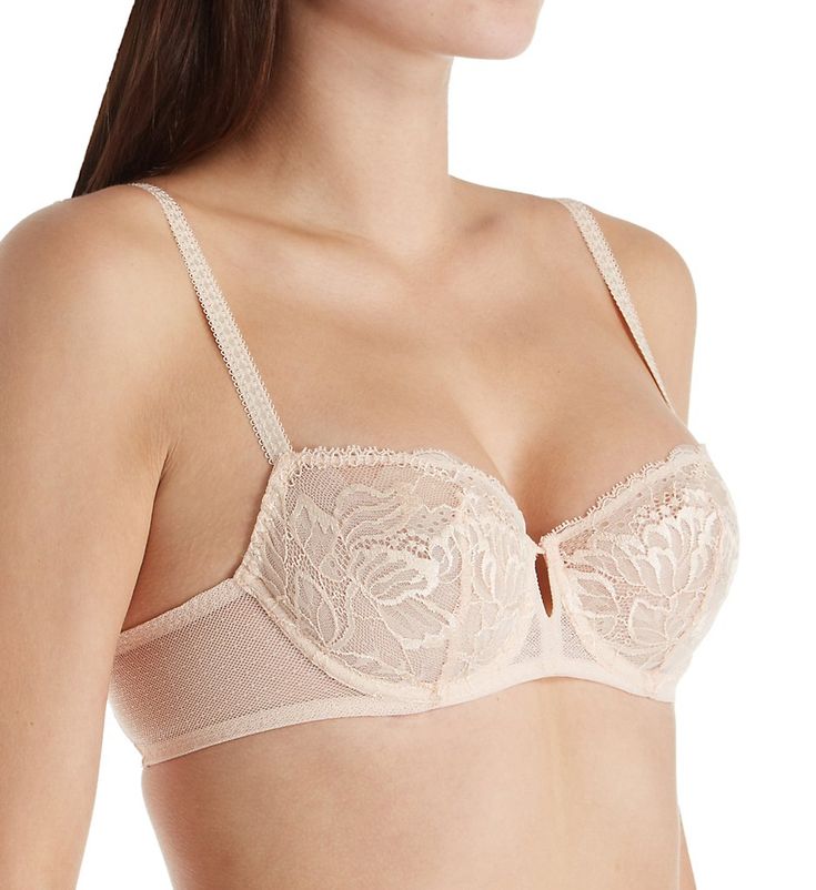 Gorgeous Leavers lace accents this sexy sheer mesh underwire bra. Made of nylon/polyester/elastane. Unlined, seamed, sheer lace underwire cup is stretch, breathable mesh and has an inner side support sling to center and lift. Stretch cups provide an adaptable fit for each breast and are a helpful if you're not quite even. Tall darts add shape to cup. Embroidered floral lace cups. Center panel - wide, arched for high tummy comfort, with keyhole at top. Elastic underband provides additional suppor Full Cup Lace Bra With Lace Closure, Underwire Mesh Bra With Padded Cups, Fitted Lace Balconette Bra, Mesh Underwire Bra With Padded Cups, Lace Underbust Bra With Padded Cups, Full Coverage Fitted Bra With Lace Closure, Fitted Full Coverage Bra With Lace Closure, Fitted Lace Bra With Sheer Details, Fitted Mesh Bra With Removable Pads