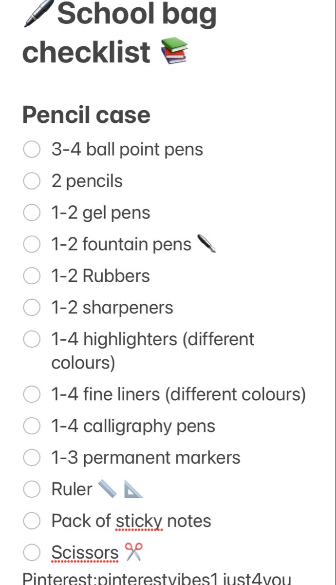 the back side of a school bag checklist