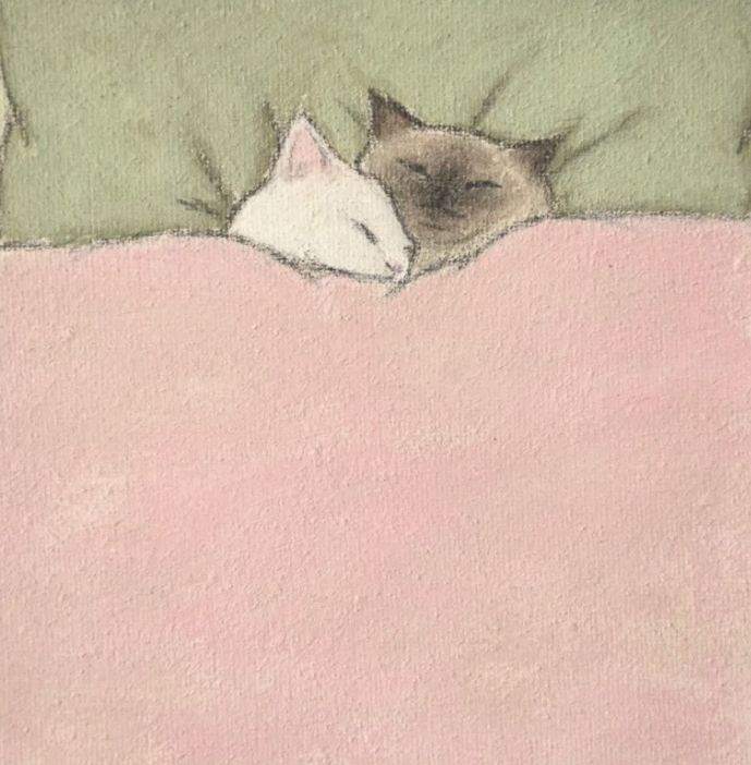 a drawing of a cat sleeping on top of a pink bed with green sheets and pillows