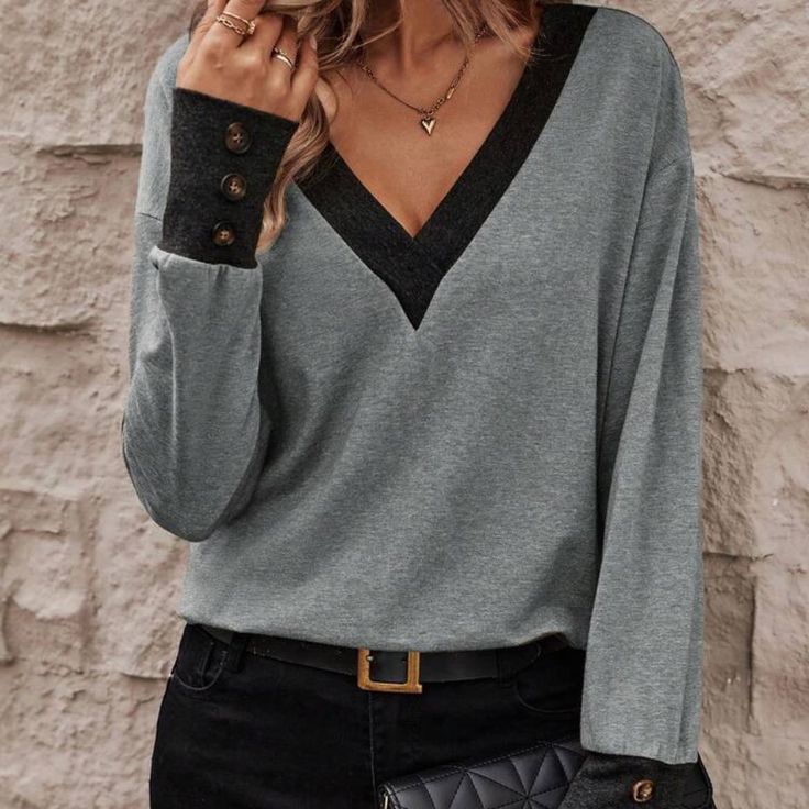 New V-Neck Long Sleeve Top Armpit To Armpit 21.4” L,8,10 Length 26.4” 57% Cotton, 38% Polyester, 5% Elastane Soft Color Block Light Grey / And Back Trim Fall Winter Spring Summer Luxury Ladies Women’s Wear Winter All Season Shirts & Blouses Jersey Tops Party Day Going Out Shirts White Accessories Dress Style Cocktail Sleeves Cardigan Pair With Sweater Preppy Sexy Hot Boho Trendy Vogue Posh Sassy Girly Date Night Elegant Dressy Fashionable Chic Tomboy Simple Bold Fun Classy Office Classy Wedding Gray V-neck Blouse For Fall, V-neck Top With Buttons For Fall, V-neck Buttoned Tops For Fall, V-neck Button Top For Fall, Chic Gray V-neck Top, Stretch V-neck Blouse With Buttons, Gray V-neck Top With Buttons, Contrast Top, Effortless Chic