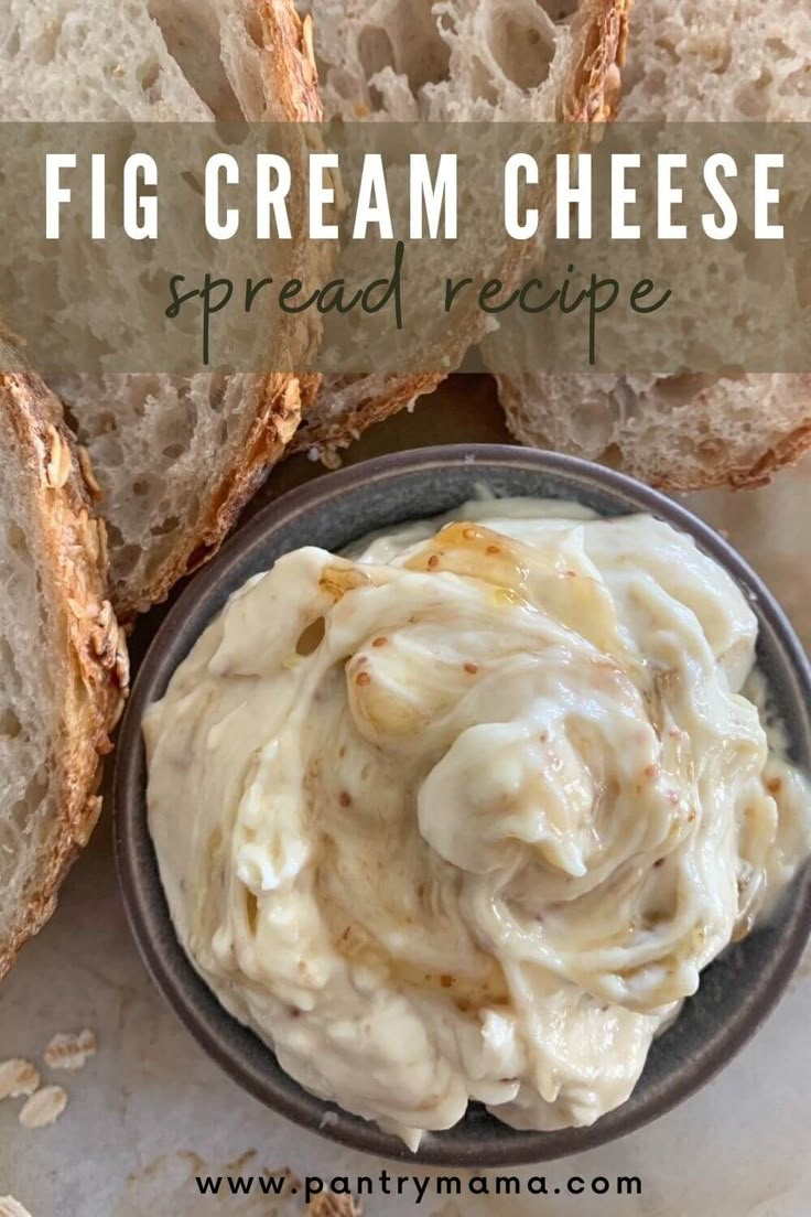 a bowl filled with cream cheese next to some bread slices on the side and text overlay that reads, figcream cheese spread recipe