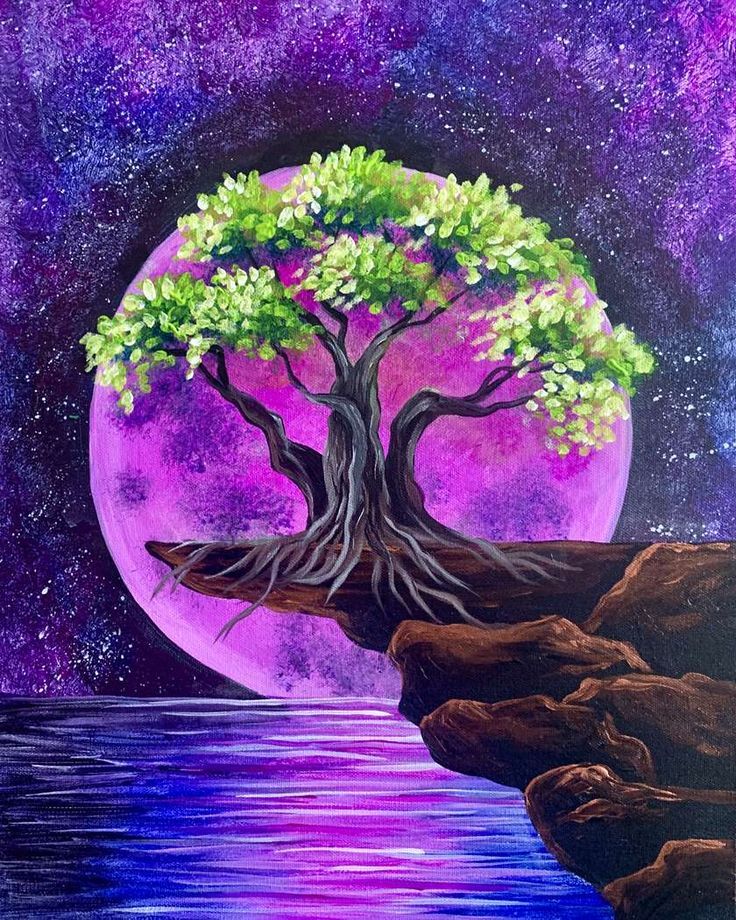 an acrylic painting of a tree on the edge of a cliff over water