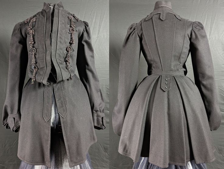 A smart Edwardian antique fashion ladies coat, dating to the early 1900s. One piece, in sturdy black wool with a smooth finish, fastening at centre front with hooks. The coat is fitted at the waist, the front loose ' pigeon ' style, the back fitted, with a flaring peplum / skirt. Military styling, the front edged with a stitched band creating a stiff rib effect, also forming the collar. To each side layed on pieces, cut to squared points, each with a small applied passementerie piece, circular w Victorian Black Outerwear With Buttons, Black Victorian Outerwear With Buttons, Victorian Costume Outerwear For Fall, Victorian Style Costume Outerwear For Fall, Victorian Fall Costume Outerwear, Victorian Black Winter Outerwear, Victorian Long Coat For Fall, Vintage Costume Outerwear With Epaulettes, Vintage Outerwear With Epaulettes For Costume