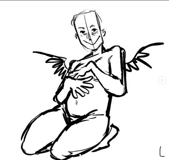 a black and white drawing of a man with wings on his chest, sitting down