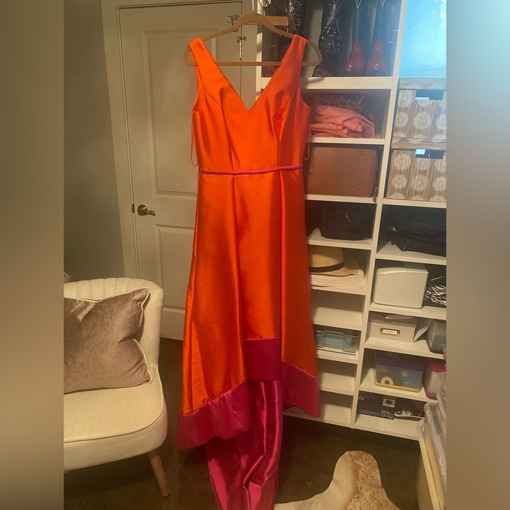 Orange And Hot Pink Brand New With Tags Orange Satin Evening Dress, Orange Spring Gala Dress, Orange Silk Dress For Formal Occasions, Formal Orange Silk Dress, Orange Silk Evening Maxi Dress, Orange Silk Maxi Dress For Evening, Orange Silk Maxi Dress For Party, Orange Satin Maxi Dress For Party, Orange Maxi Dress For Formal Occasions