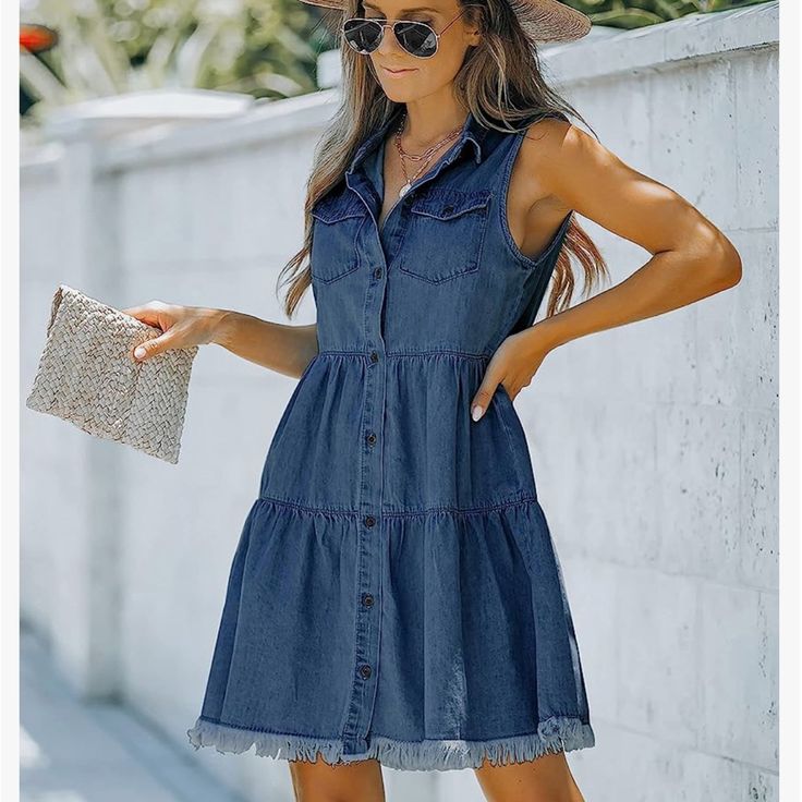 Nwot - Denim Sleeveless Dress Size: Medium 96% Cotton, 4% Viscose Flannel Shirt Dress, Blue Plaid Dress, Sleeveless Denim Dress, Ribbed Bodycon Dress, Ruffle Trim Dress, Long Sleeve Wrap Dress, Wrap Around Dress, White Sleeveless Dress, Sleeveless Bodycon Dress