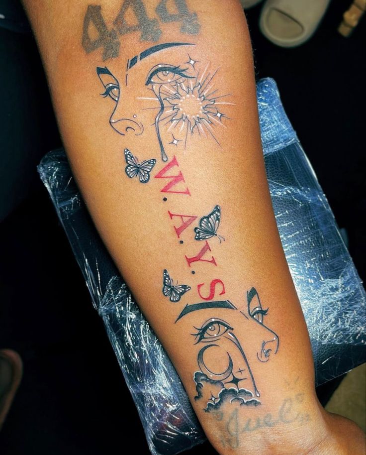 a woman's leg with tattoos on it and the words mary written in different languages