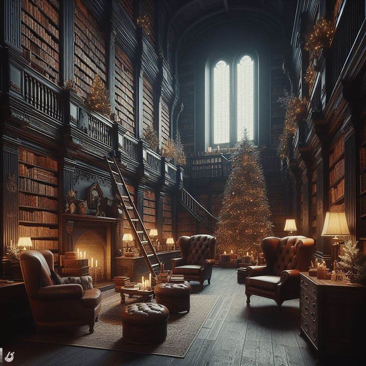 a large library with many bookshelves filled with christmas decorations and lit candles on the floor