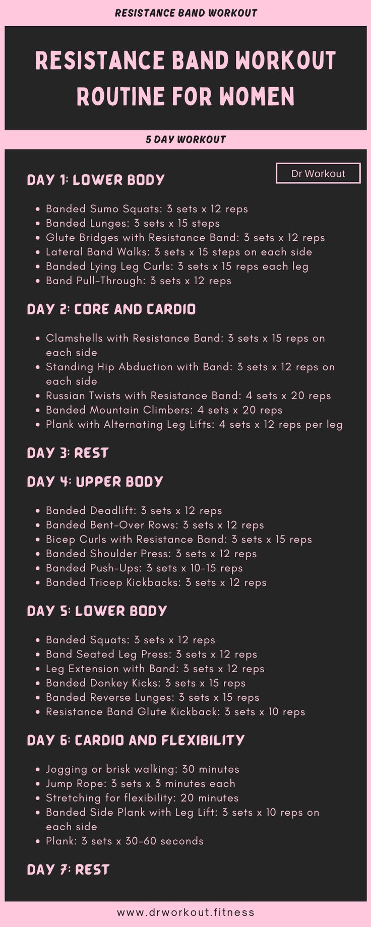 the resistance band workout routine for women is shown in pink and black, with instructions on how to use it