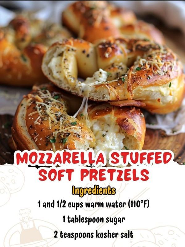 there are several bagels with cheese on them and the words mozzarella stuffed soft pretzels