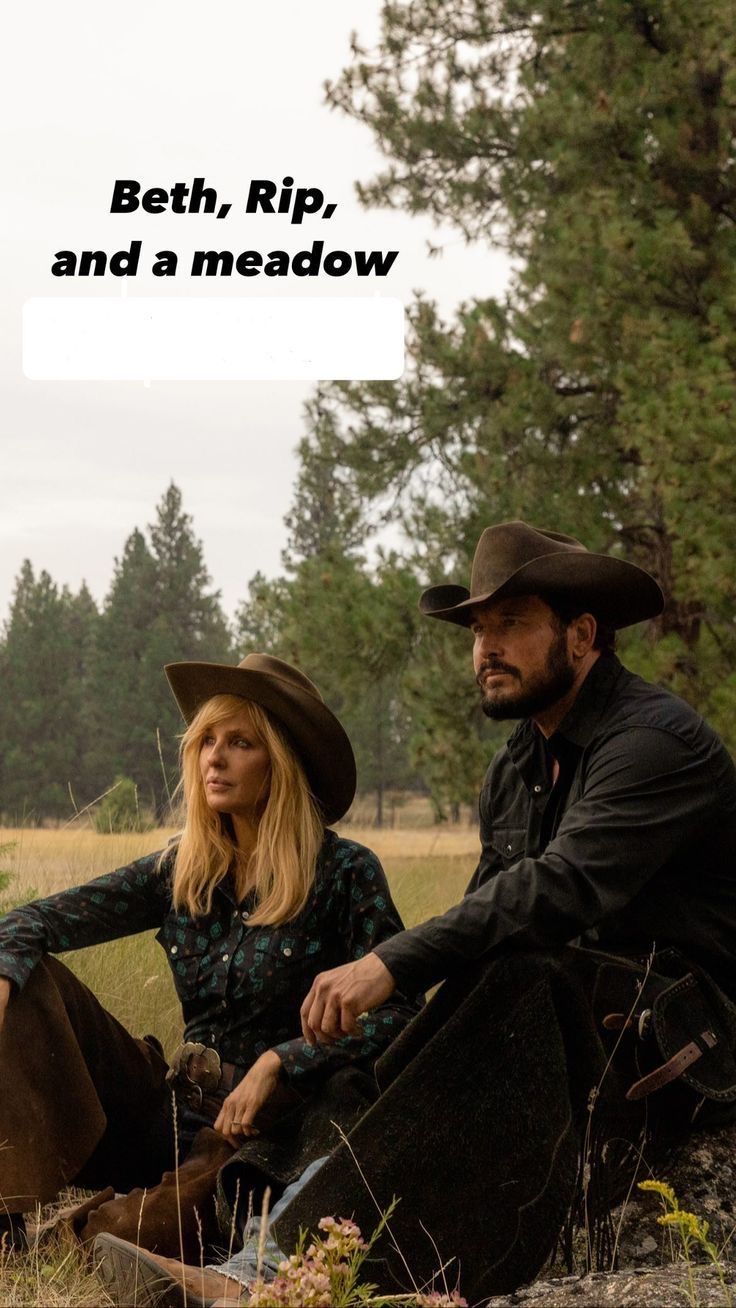 a man and woman sitting in the grass with a horse behind them that says beth, rip, and a meadow