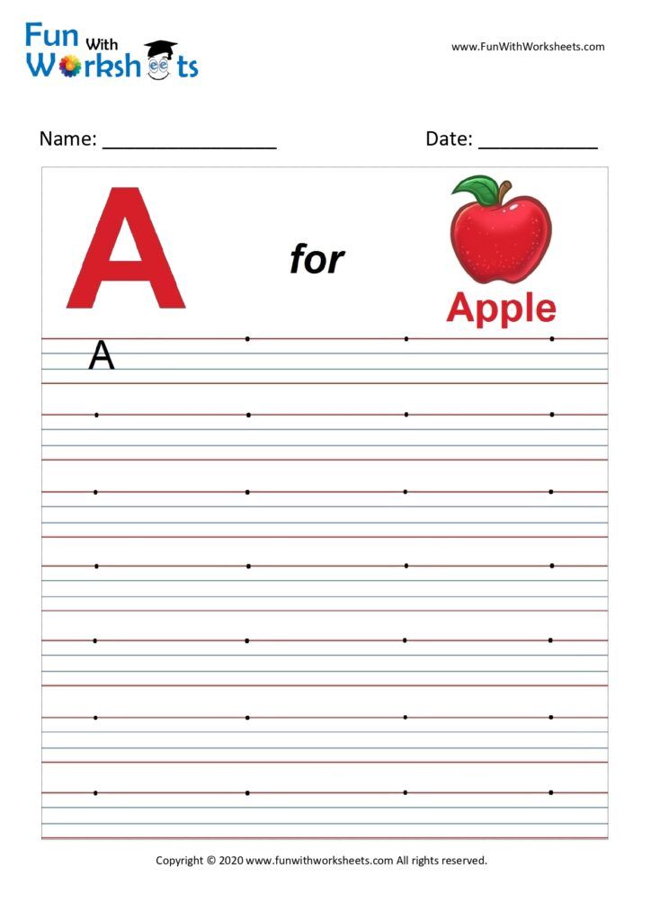 the letter a worksheet with an apple for writing and spelling it's name