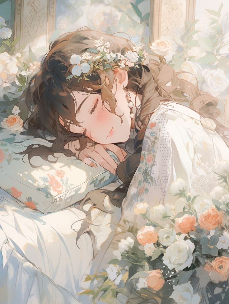 a woman laying on top of a bed covered in flowers