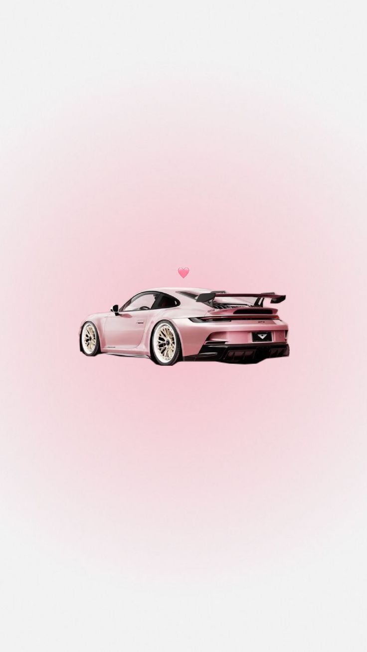 a pink sports car is flying through the air on a pink and white background with hearts