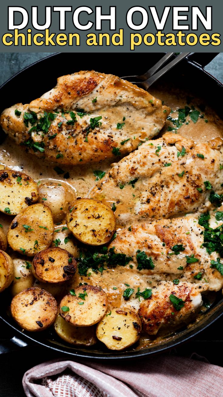 chicken and potatoes in a skillet with text overlay that reads dutch oven chicken and potatoes