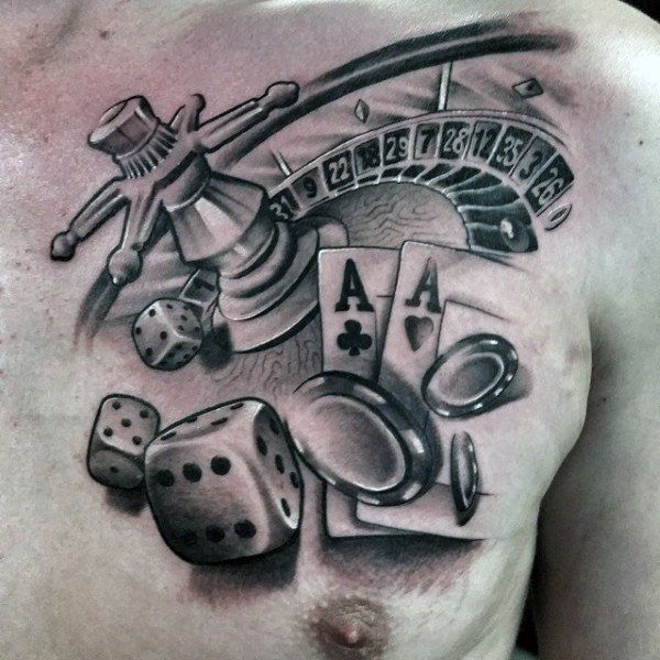 a man's chest with dices, cards and other items on it in black ink