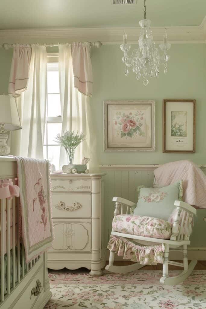 a baby's room with a rocking chair, crib and dresser in it