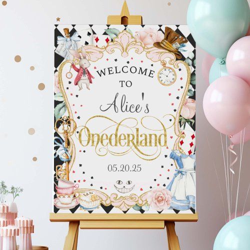 a welcome sign with balloons in the background