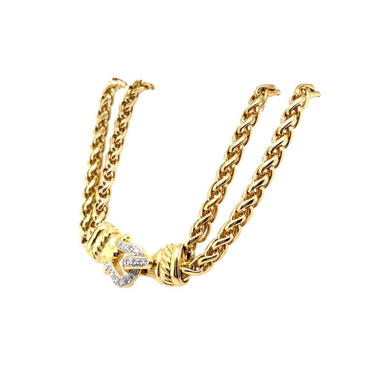 Indulge in the luxurious world of modern jewelry with this elegant piece featuring a double wheat chain crafted from 18 karat yellow gold. The centerpiece of this intricately crafted Yurman piece are natural diamonds with a 1.00 carat total weight. The round cut of the diamond provides an exquisite finish to this piece, making it a true statement of luxury and a treasure that you'll cherish for years to come. Luxury Yellow Gold Elegant Coin Necklace, Luxury Yellow Gold Coin Necklace, Luxury Yellow Gold Lariat Diamond Necklace, Luxury Polished Yellow Gold Coin Necklace, Elegant Luxury Yellow Gold Rope Chain Necklace, Metal Shop, Shop Engagement Rings, Modern Jewelry, Shop Necklaces