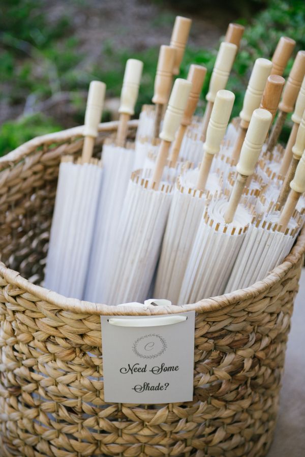 a basket filled with white candles next to a sign that says pretty parasols