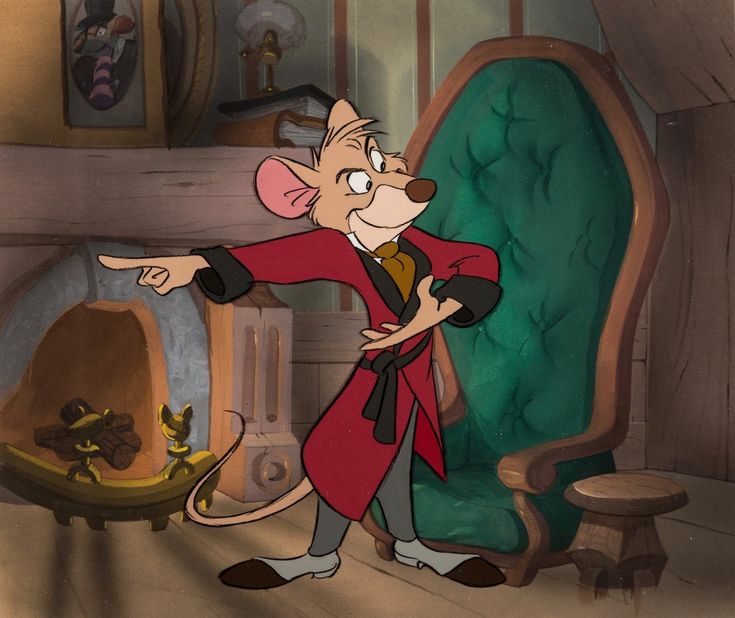 a cartoon mouse pointing at something in front of a green chair with a red robe on it