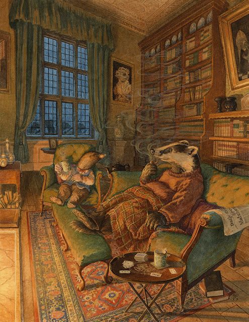 a painting of two raccoons sitting on a couch in front of a window