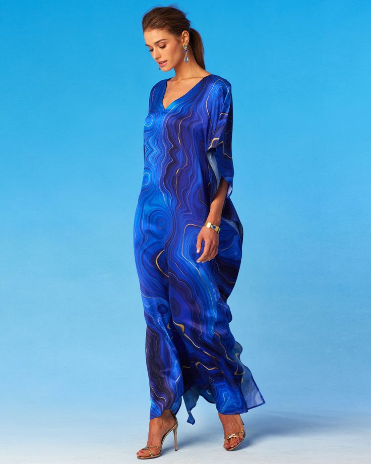 NicoBlu® Lavinia Silk Kaftan in Lapis Lazuli Blue Blue Formal Kaftan, Elegant Blue Silk Kaftan, Fitted Silk Blue Kaftan, Fitted Blue Silk Kaftan, Lapis Lazuli Blue, Short Kaftan, Casual Luxe, Empire Romain, The Roman Empire