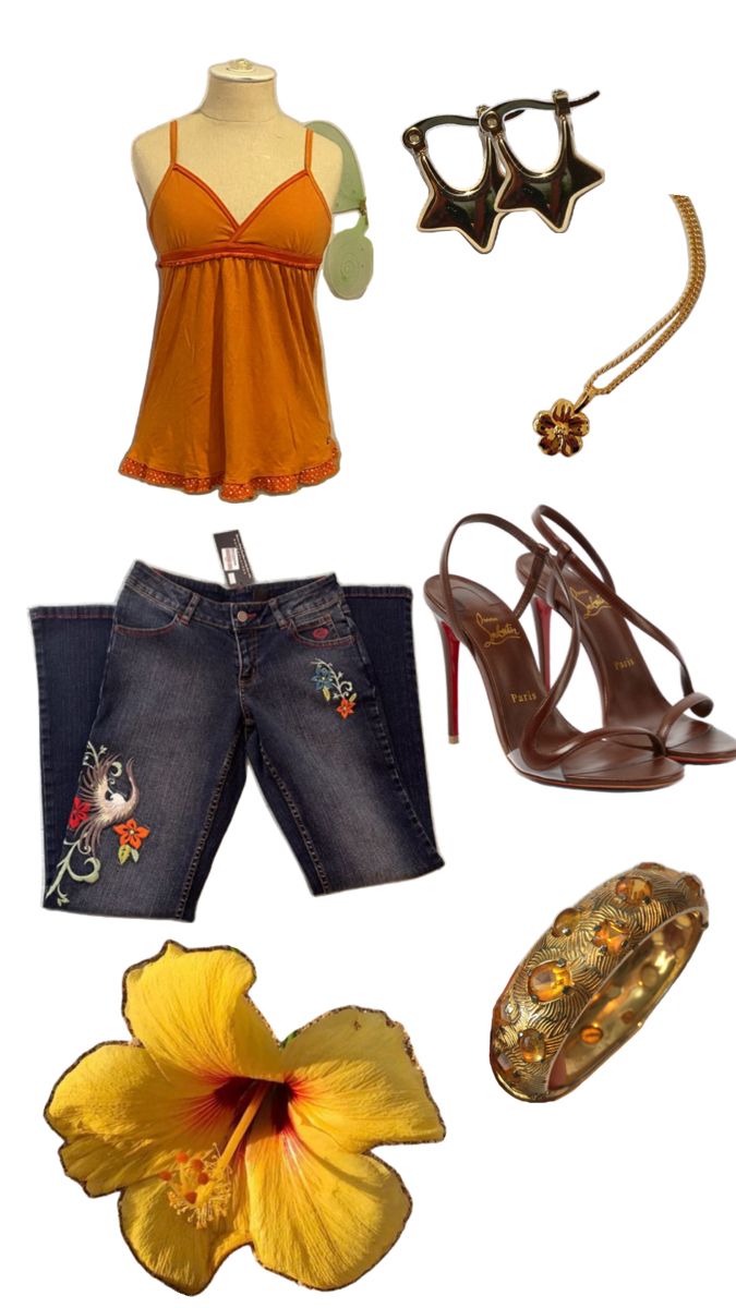 #hibiscus #outfit #orange #boho #vintage #tropics #island Puerto Rican Outfits Fashion, Hibiscus Outfit Aesthetic, Orange And Pink Outfit Color Combos, Orange Fits Aesthetic, Hibiscus Aesthetic Outfits, Tropicore Outfits, Orange And Gold Outfit, Orange Outfits Aesthetic, Tropic Outfit