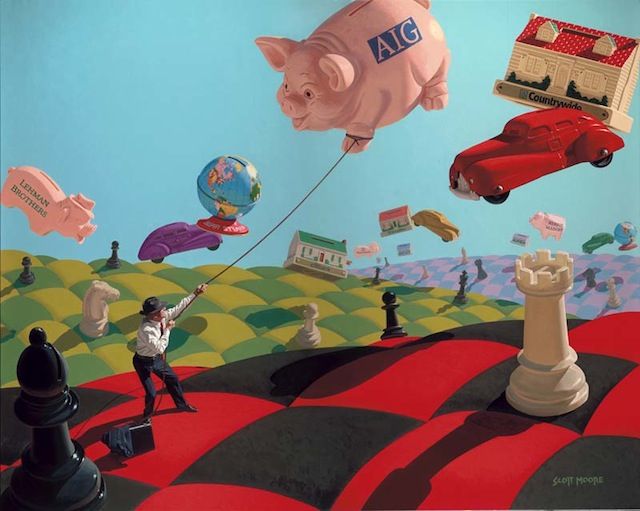 a man flying a kite over a giant pig on top of a chessboard covered in cartoon characters