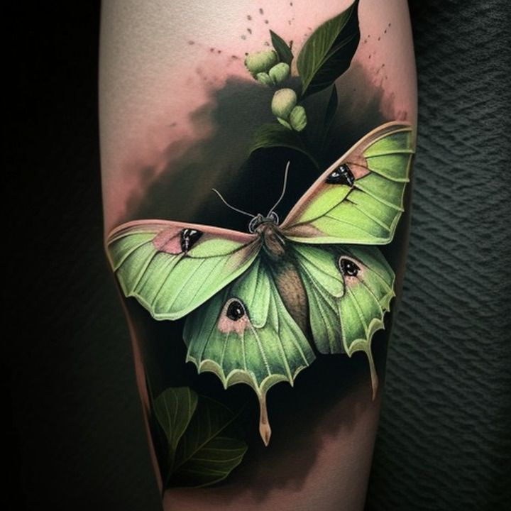 a green butterfly with leaves on it's back leg is shown in this tattoo design