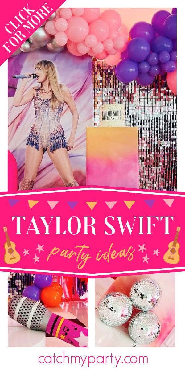 taylor swift party ideas with balloons, streamers and cake toppers for her birthday