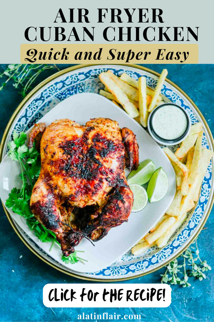 air fryer chicken on a plate with fries and garnish