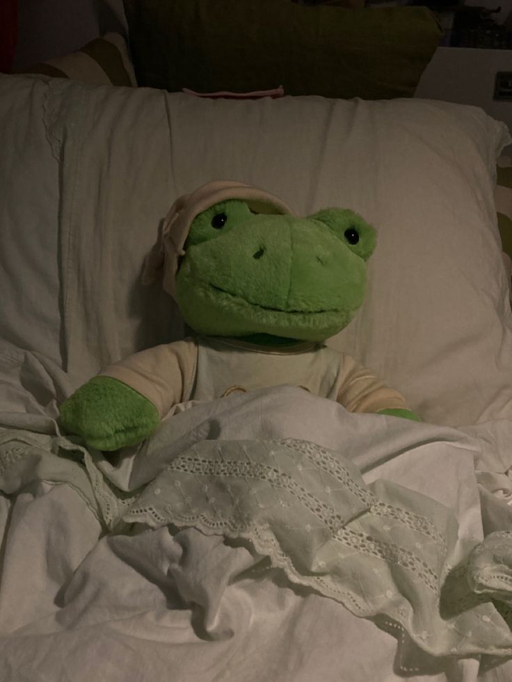 a stuffed frog laying on top of a bed