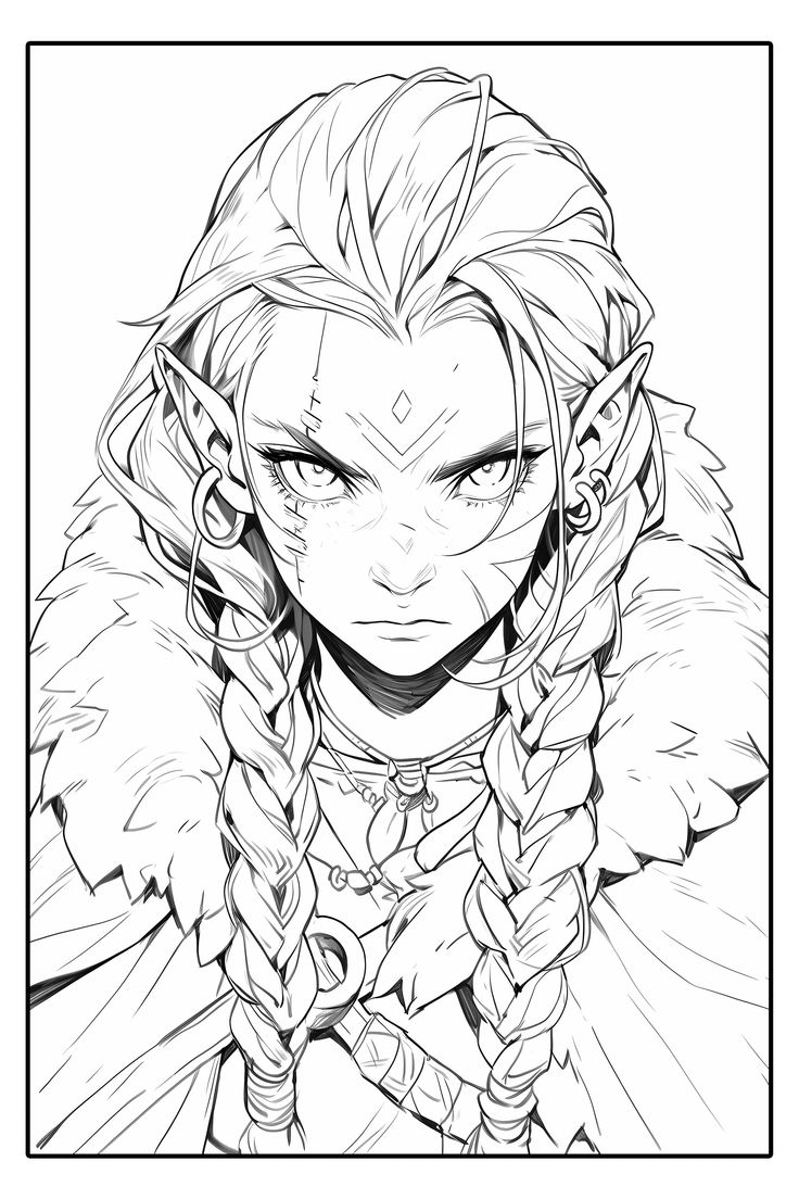 a drawing of an elf with long hair and braids, wearing a fur coat