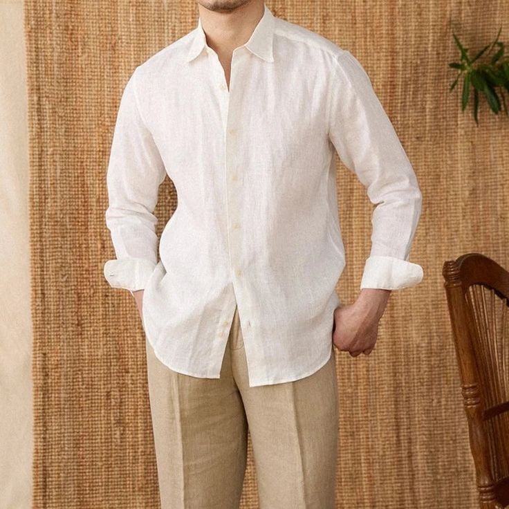 Elegant White Linen Shirt, Casual Long Sleeve Linen Shirt, Casual Linen Long Sleeve Shirt, Elegant Linen Shirt With Button Cuffs, White Linen Shirt With Button Cuffs, Classic Linen Shirt For Casual Gatherings, Formal White Linen Shirt, Formal Linen Relaxed Fit Shirt, White Linen Formal Shirt