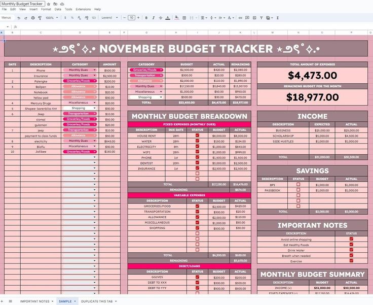 a spreadsheet for the november budget tracker is shown in this screenshote